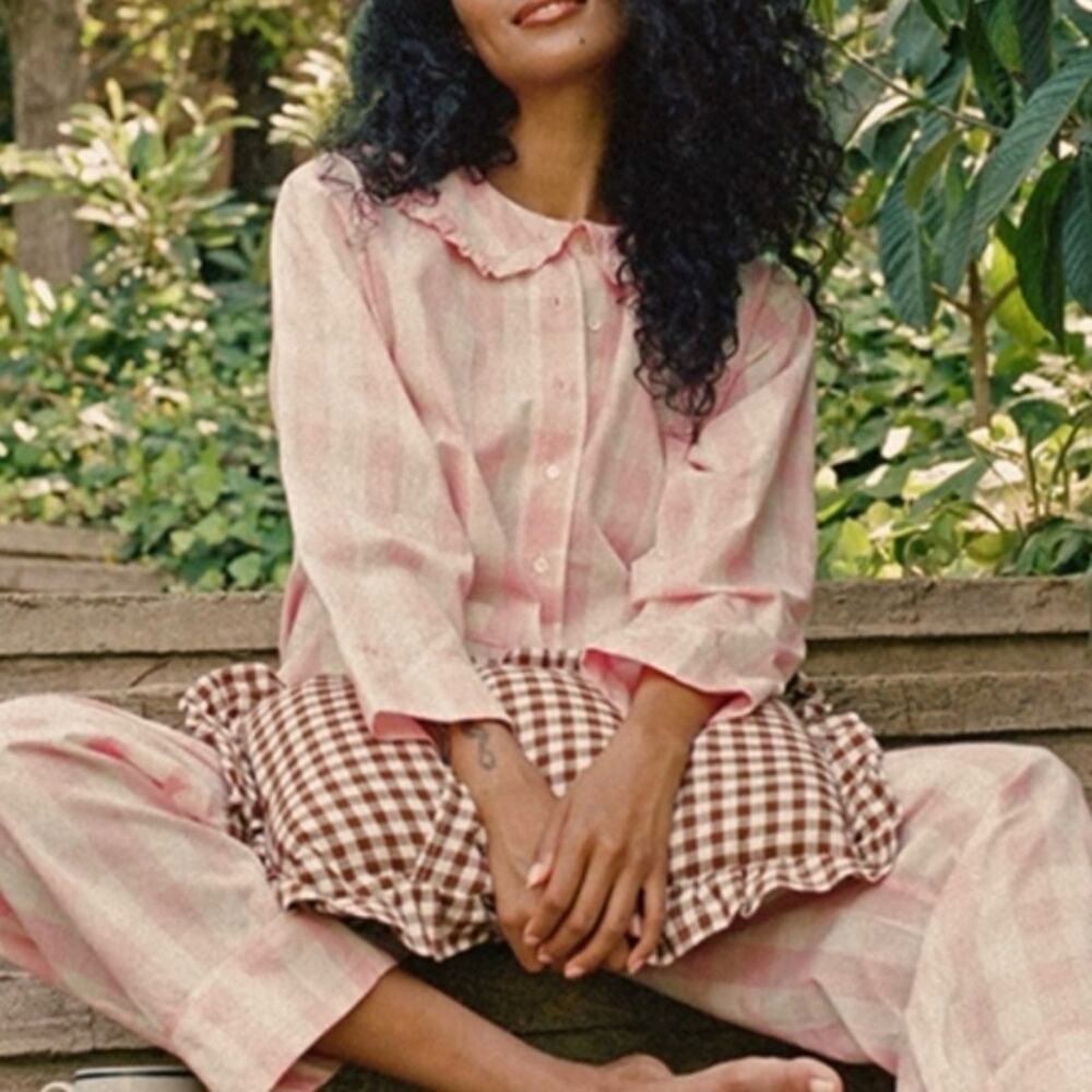 NWT Doen Paz Cotton Pink Ruffle Collar Pajama Blouse Top Rosette Gingham - Picture 2 of 11